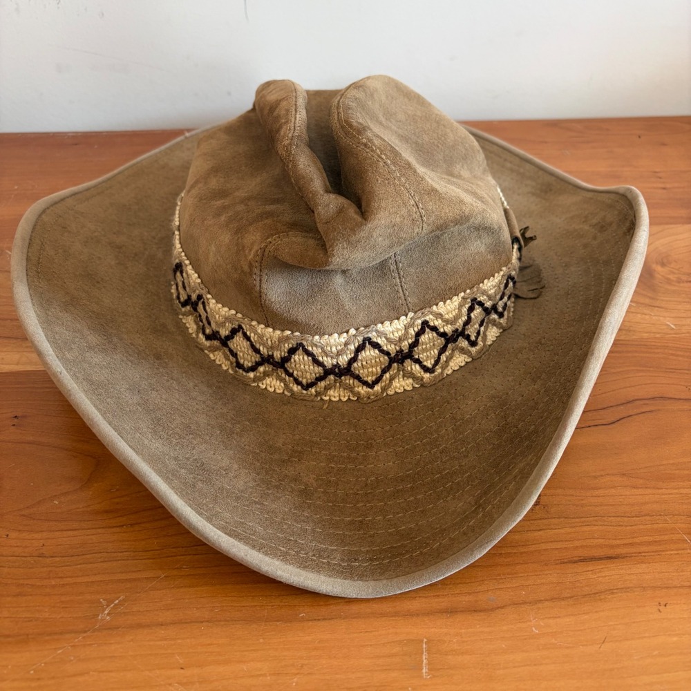Eddy Bros Vintage Tan Suede Cowboy Hat Woven Band Saddle Charm Size 7 1/8